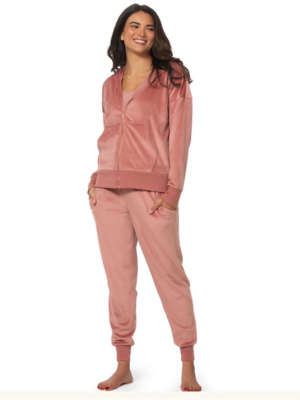Felina Rose Gold Luxe Velour Zip Hoodie & Jogger Set